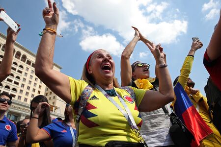 MOSCOW, RUSSIA - JUNE 2018: A Colombian national team cheer with everyone in support of her teamのeditorial素材