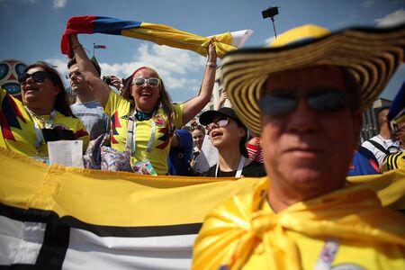 MOSCOW, RUSSIA - JUNE 2018: Fans of the Colombian national team gathered at the Manege Square to support their national team.のeditorial素材