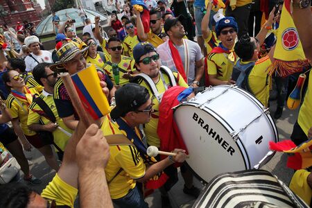 MOSCOW, RUSSIA - JUNE 2018: Fans of the national team of Colombia support their team with a drumのeditorial素材