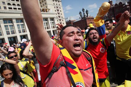 MOSCOW, RUSSIA - JUNE 2018: Fans of the Colombian national team emotionally support their team at Manezhnaya Square in Moscowのeditorial素材