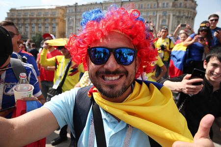 MOSCOW, RUSSIA - JUNE 2018: A Colombian national team fan supports its team at Manezhnaya Square in Moscowのeditorial素材