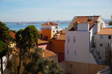 View of small houses with tiled roofsの写真素材