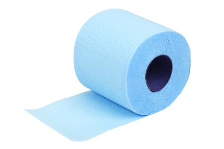 Roll of coiled blue toilet paper on white backgroundの写真素材