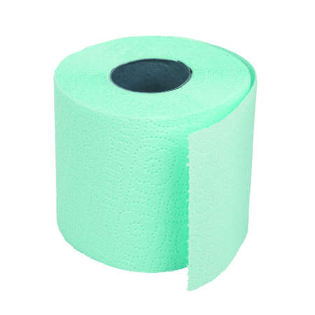 Roll of coiled green toilet paper on white backgroundの写真素材