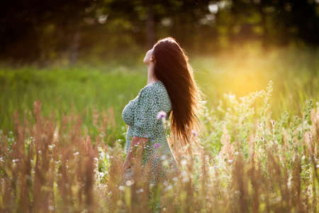 Young woman with long hair in a field in the eveningの写真素材