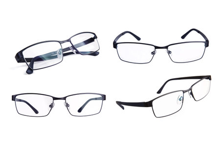 Stylish glasses in black frames on a white backgroundの写真素材