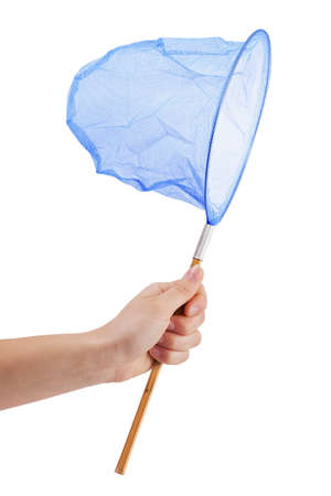 Blue butterfly net in human hand on white backgroundの写真素材