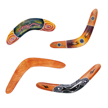 Four different boomerangs on a white backgroundの写真素材