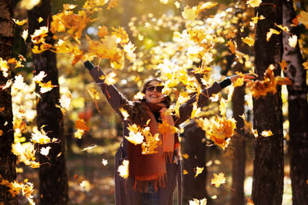 Joyful beautiful young woman throws maple leaves on a sunny day in autumnの写真素材
