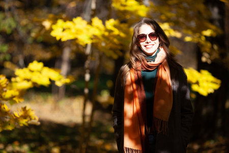 Young pretty woman in sunglasses in autumn forestの写真素材