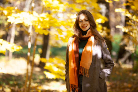 Young beautiful woman walking in the autumn forestの写真素材