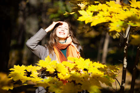 Happy young woman in the sun among the autumn foliageの写真素材