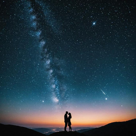 AI-generated A couple silhouetted against a starry night sky with the Milky Way visible, set over a twilight horizon.の素材