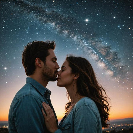 AI-generated A romantic couple in their 20s sharing a kiss under a starry sky with the Milky Way visible.の素材