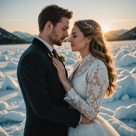 AI-generated A romantic winter wedding scene with a couple embracing against a snowy mountain backdrop at sunset.の素材