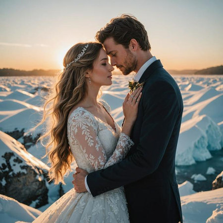 Beautiful bride and groom embracing on the background of the winter landscapeの素材