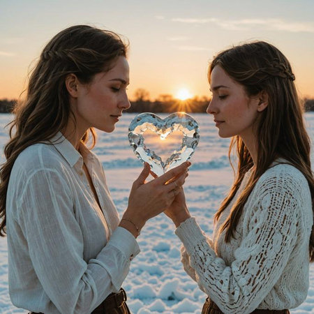 AI-generated Two young women holding a heart-shaped ice sculpture at sunset on a snowy landscape, symbolizing love and friendship.の素材