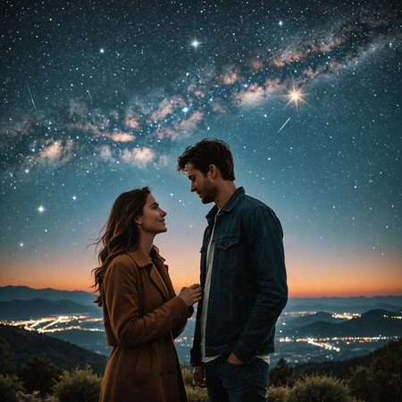 AI-generated A couple stands under a starry sky with the Milky Way visible, city lights in the background, creating a romantic and serene atmosphere.の素材