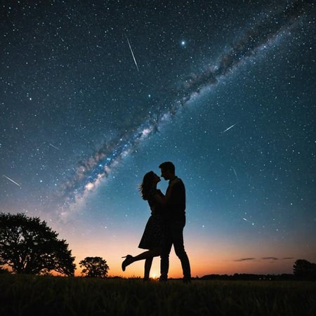 AI-generated Silhouette of a couple embracing under a starry sky with the Milky Way and shooting stars, set against a twilight horizon.の素材