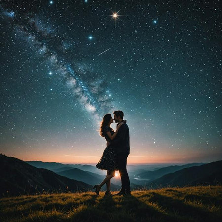 AI-generated A romantic couple silhouette under the Milky Way in a mountainous landscape at sunset.の素材