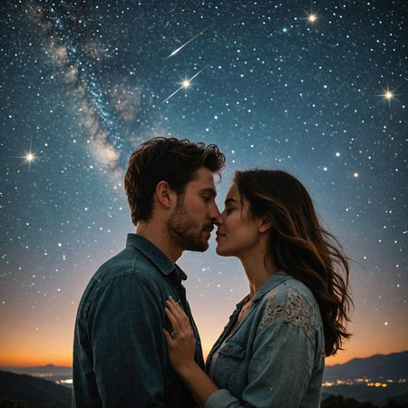 AI-generated A romantic couple in their 20s under a starry night sky, embracing with the Milky Way visible in the background.の素材