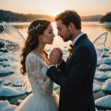 AI-generated A romantic scene of a bride and groom with fairy wings, holding hands at sunset by a serene lake with floating ice.の素材
