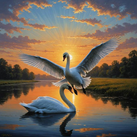 AI-generated Two swans on a serene lake at sunset with vibrant orange and blue sky, reflecting tranquility and beauty.の素材