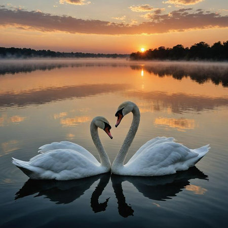 AI-generated Two swans gracefully float on a serene lake at sunset, reflecting the golden sky.の素材