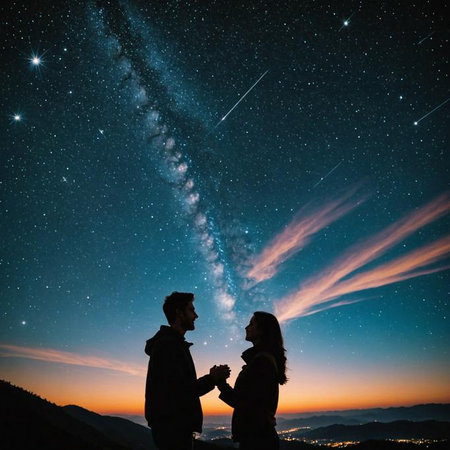 AI-generated Silhouette of a couple holding hands under a starry sky with the Milky Way, against a colorful sunset backdrop.の素材