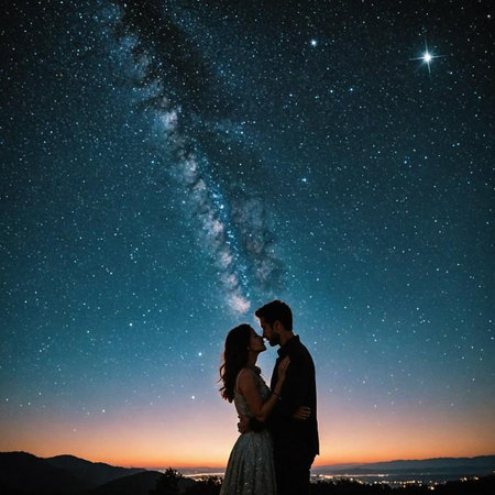 AI-generated A romantic couple silhouetted against a starry night sky with the Milky Way visible, creating a magical and intimate scene.の素材
