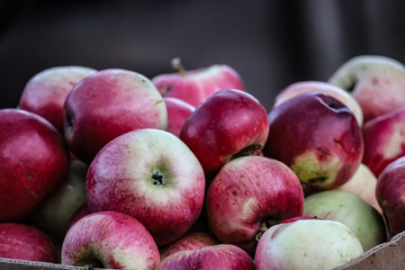 Fresh red apples with green and yellow spots, some slightly lightened, blurred market or orchard...