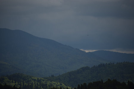 Mountain landscape with hills and layers of mountains fading into mist under overcast sky. Blue and...