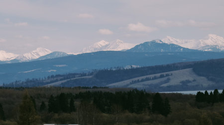 Tatras mountains with snow-covered peaks, forested slopes, and lake in foreground.の写真素材