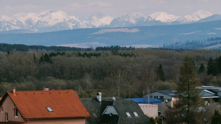 Two houses on green fields, forest behind, and snow-covered Tatras mountains on horizon under light sky.の写真素材