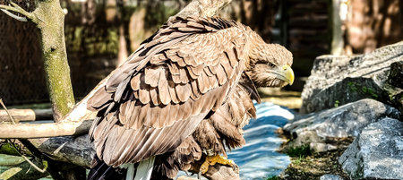 A close-up view of a large bird of prey with intricate feather details and piercing eyes, resting on...