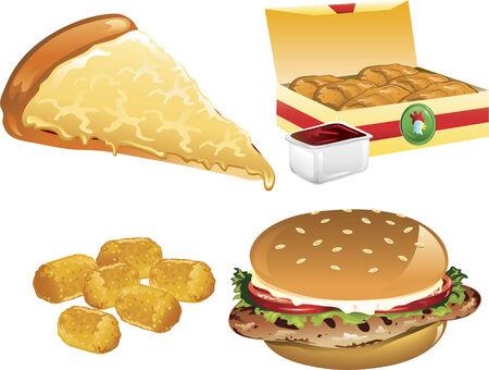 Illustration of a cheese pizza, tater tots, chicken nuggets, and a grilled chicken sandwichのイラスト素材