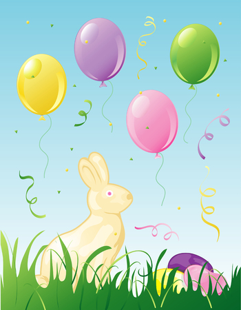 Illustration of easter balloons, confetti and a white chocolate bunny in the grass.のイラスト素材