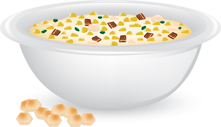 Illustration of a bowl of creamy corn chowder with soup crackersのイラスト素材