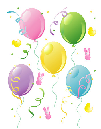 Illustration of easter balloons, confetti and easter icons.のイラスト素材
