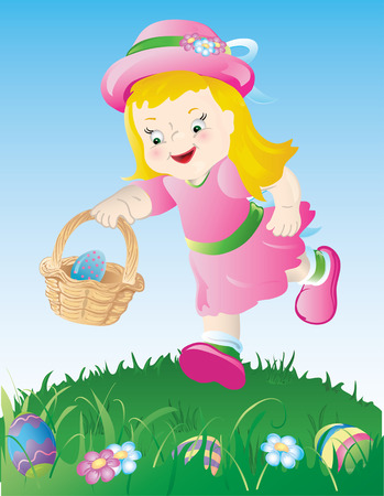 Little girl in pink, hunting for Easter eggs.のイラスト素材