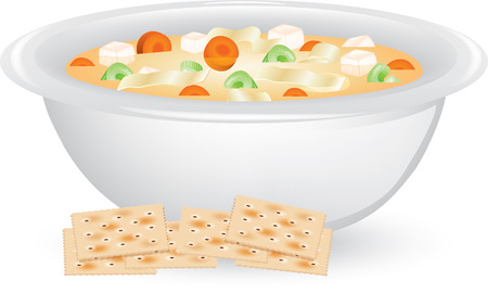Illustration of a bowl of Chicken Noodle Soup with saltine crackers.のイラスト素材