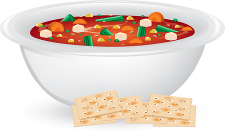 Illustration of a bowl of vegetable soup with saltine crackers.のイラスト素材