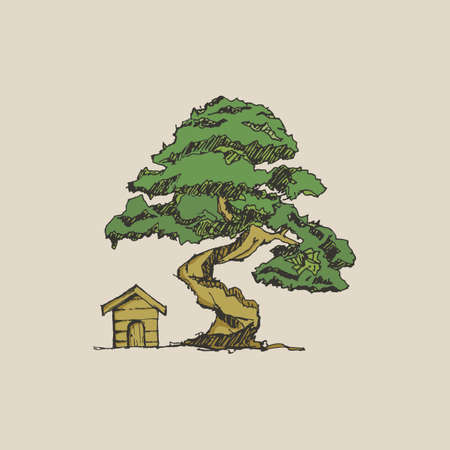 tree and house vector with freehand styleのイラスト素材