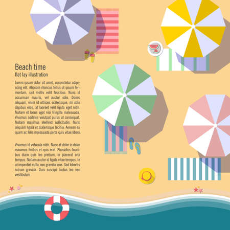 Summertime flat lay background.Beach, sea, sun umbrellas and other details. It can be used in advertising, web design, graphic design for the layout. Vector illustration.のイラスト素材