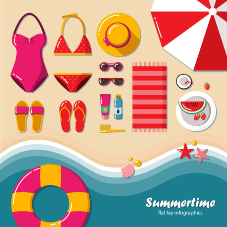 Summertime flat lay infographics. Summer vacation on the beach, travel in style glamor. It can be used in advertising, web design, graphic design for the layout. Vector illustration.のイラスト素材