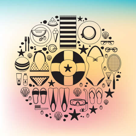 Summertime flat lay infographics. Summer vacation on the beach. It can be used in advertising, web design, graphic design for the layout.のイラスト素材