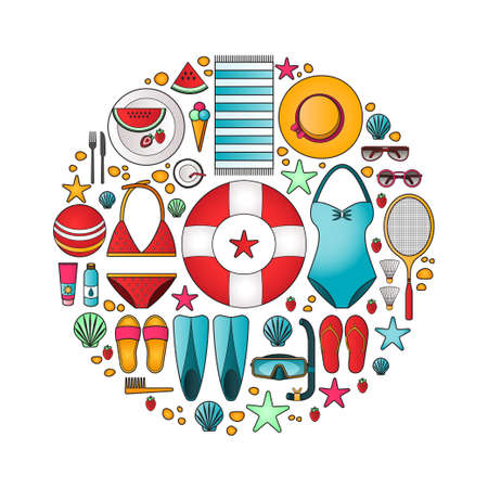 Summertime flat lay infographics. Summer vacation on the beach. It can be used in advertising, web design, graphic design for the layout.のイラスト素材