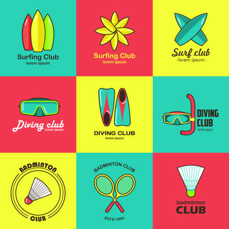 Summer activity set of flat icons. Summer sports, surfing, diving, badminton. It can be used in advertising, web design, graphic design.のイラスト素材
