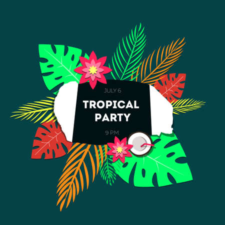 Poster template of tropical party. The background is a stylized torn paper, palm leaves of tropical and exotic flowers.のイラスト素材