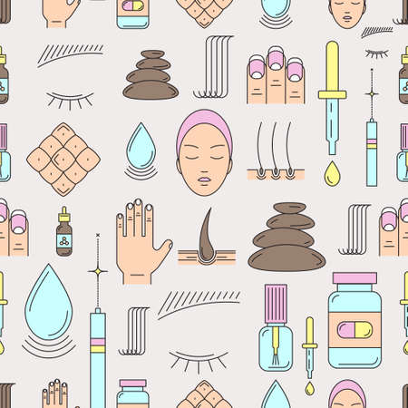 Vector seamless pattern on the theme of beauty and health of hair, skin and nails. Made in trendy line color style. Medical cosmetology.のイラスト素材